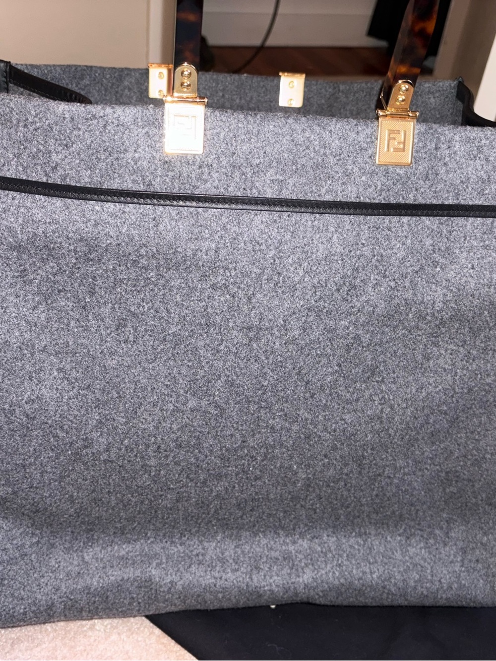 Authentic- Fendi Large Sunshine Shopper Tote Gray Flannel Wool FENDI Logo - Picture 13 of 16